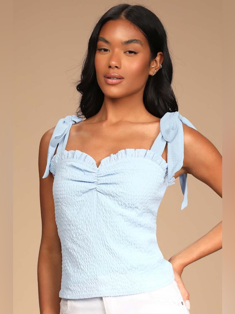 Lulus You're a Sweetheart Light Blue Tie Strap Ruffled Top Cottagecore Coquette